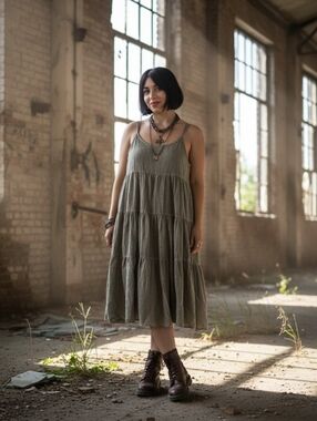 Dee No Apparel Grunge Distressed Tiered 100% Cotton Prairie Cami Midi Work Dress